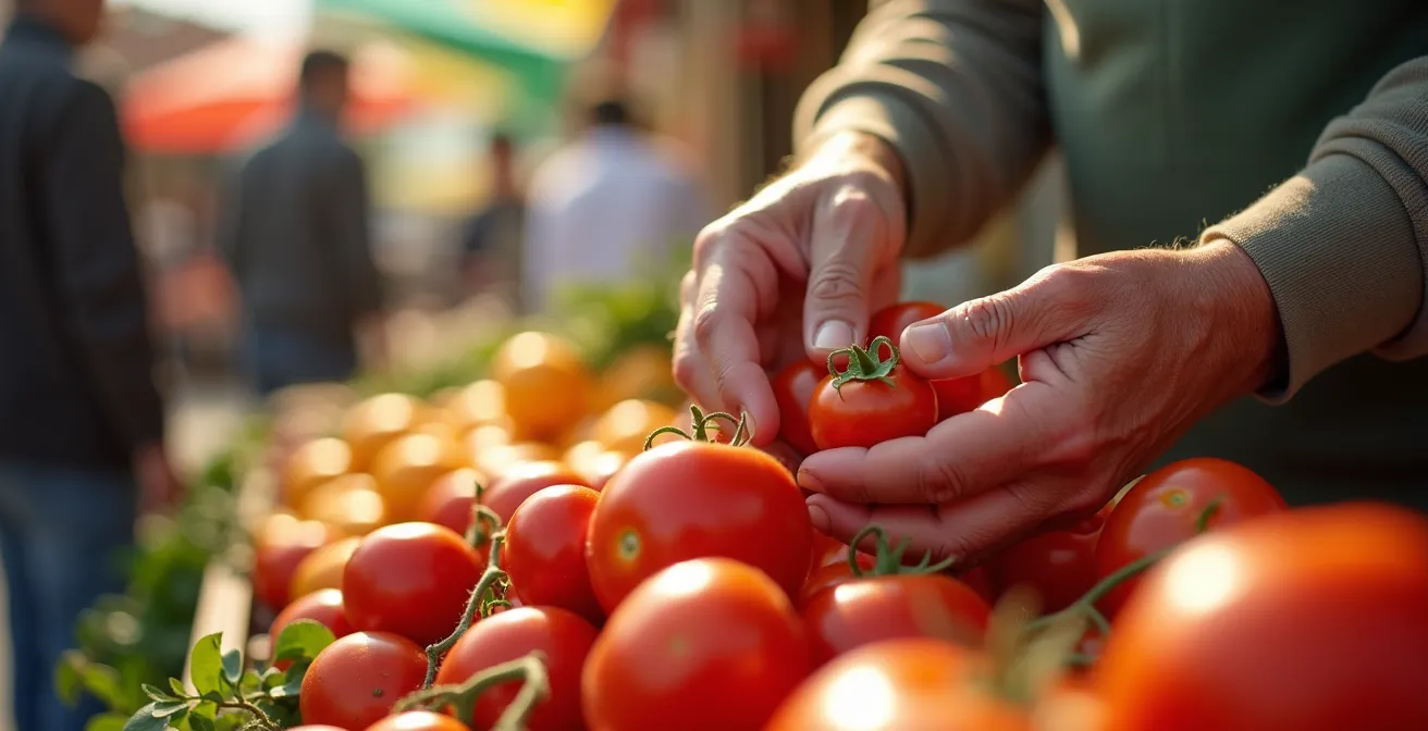 Main de personne âgée sélectionnant des ingrédients frais au marché local